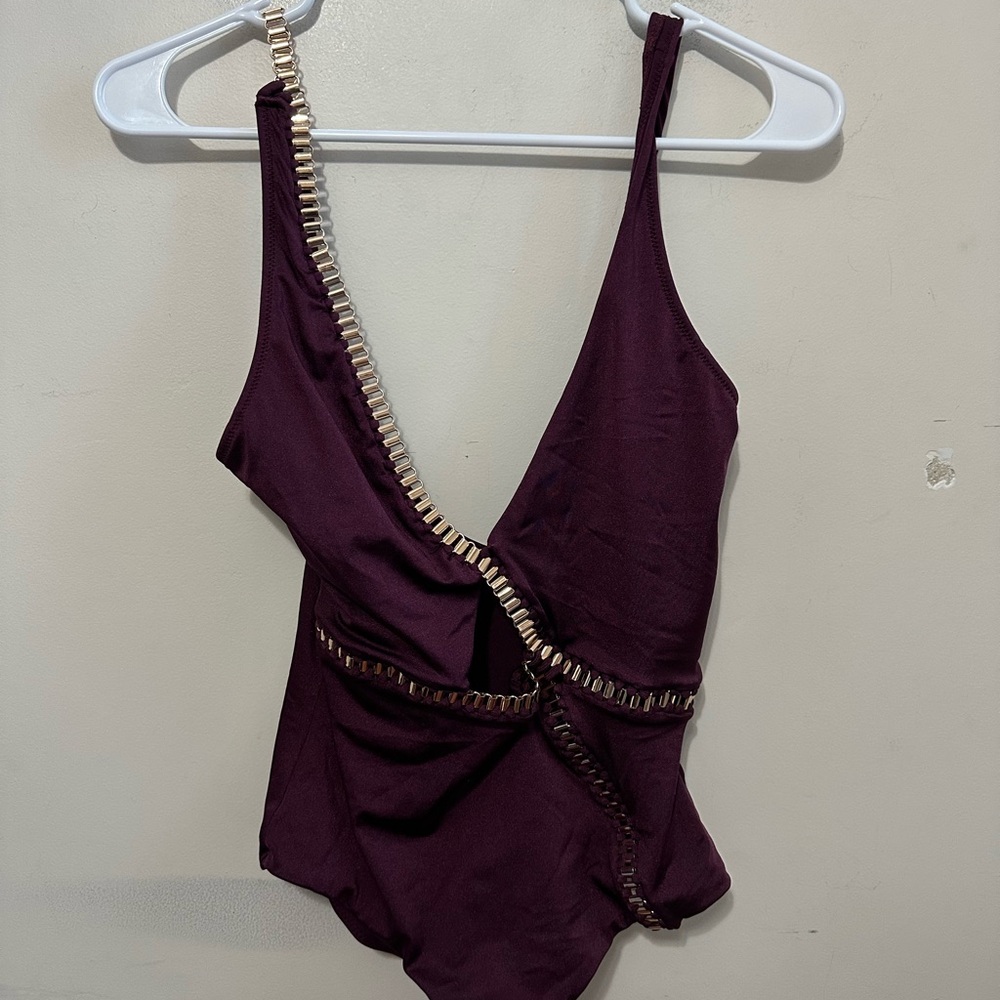MOEVA Claire V Neck One Piece Swimsuit with Gold Detailing Women’s Medium Purple